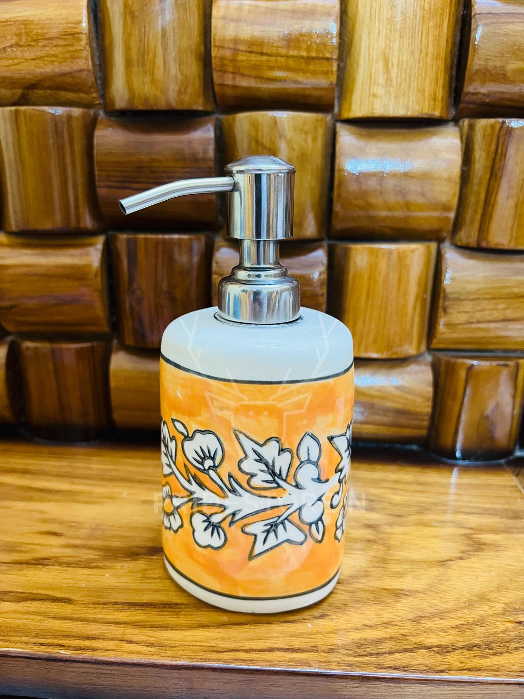 Hand-Painted Ceramic Soap Dispenser  Orange Single Line Floral Boho Vanity Decor