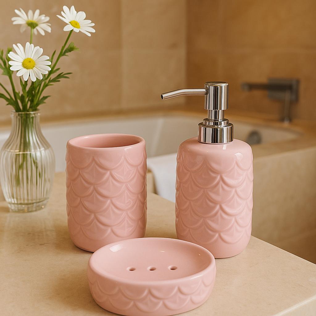 Pink Ceramic Bathroom Accessory Set - Soap Dispenser, Toothbrush Holder & Soap Dish - Elegant Home Decor Gift for Bathroom Vanity