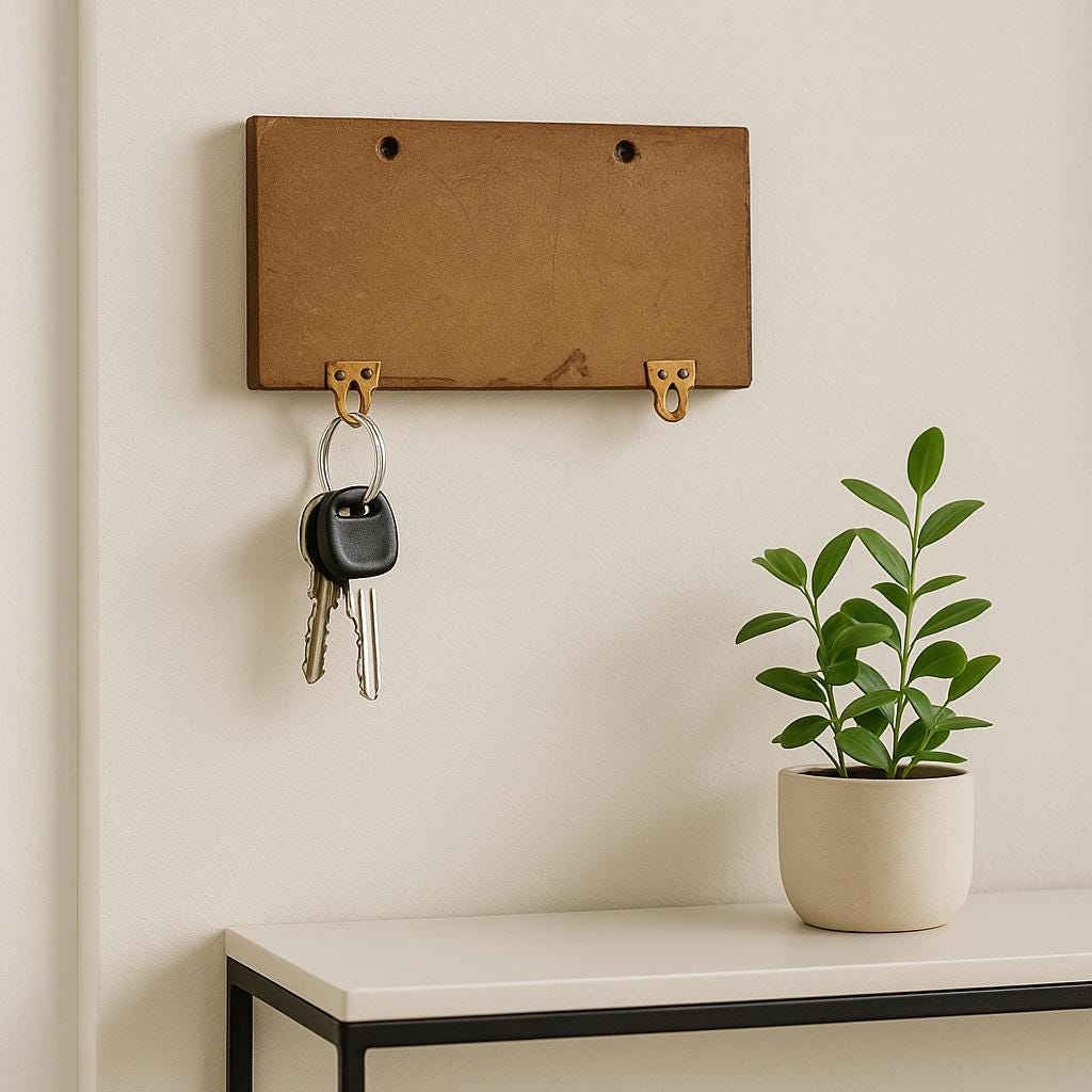 Wooden Wall Key Holder - Brass Hooks Vintage
