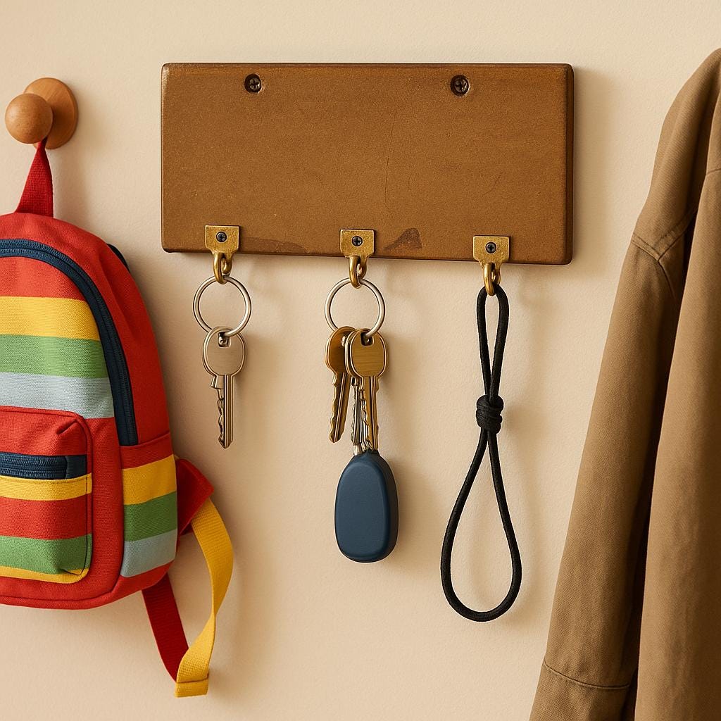 Wooden Wall Key Holder - Brass Hooks Vintage