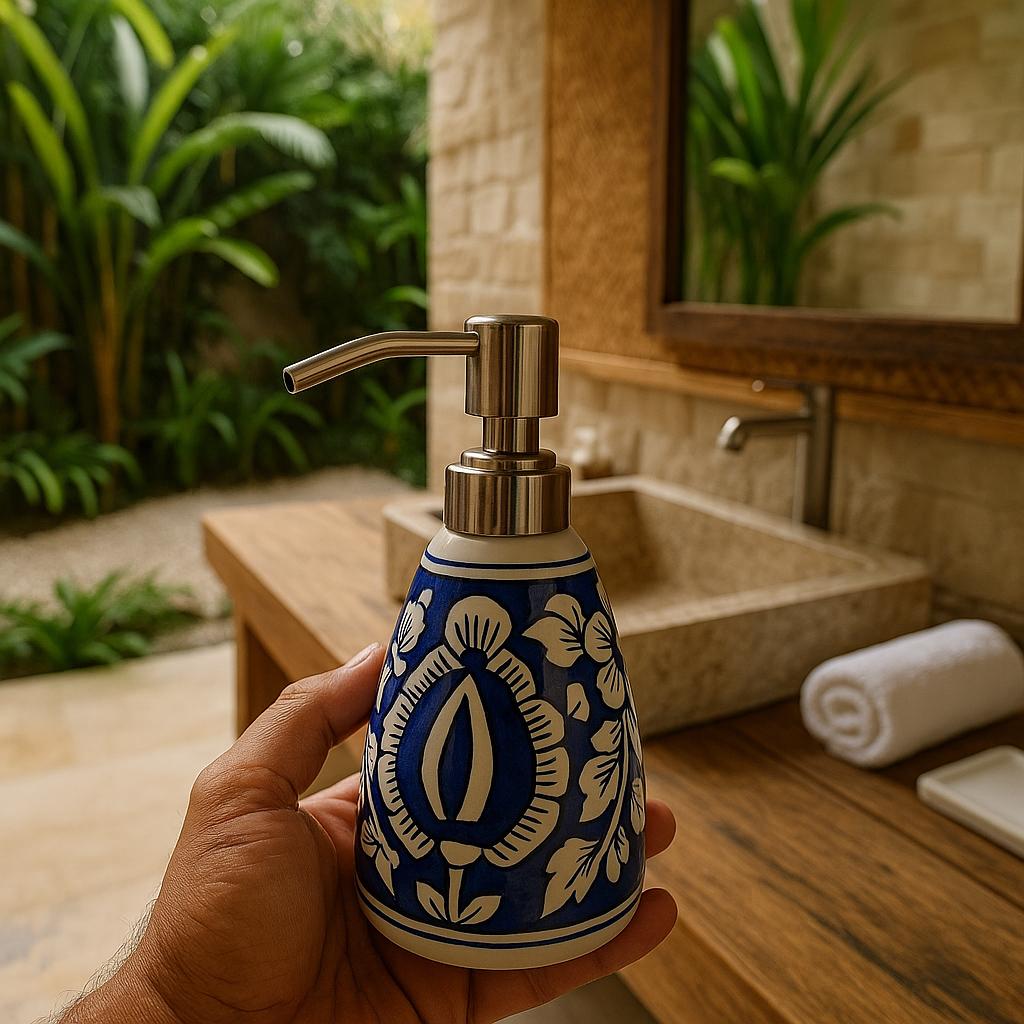 Blue Floral Ceramic Soap Dispenser - Handcrafted Bathroom