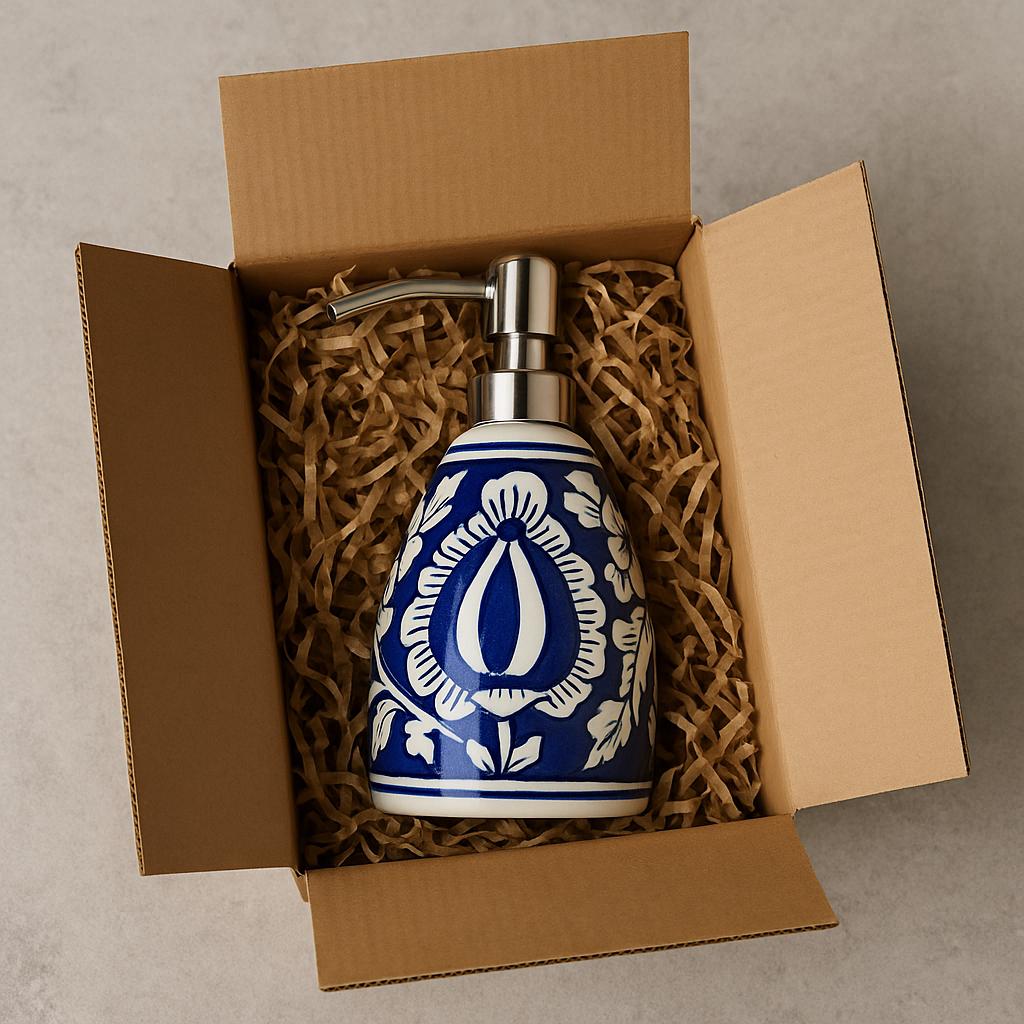 Blue Floral Ceramic Soap Dispenser - Handcrafted Bathroom