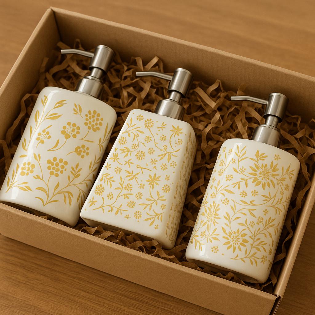 Floral Ceramic Soap Dispenser Set: Modern Farmhouse Bathroom Decor