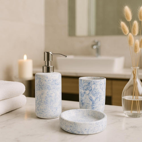 Blue Marble Bathroom Set: Ceramic Soap Dispenser, Toothbrush Holder & Tray