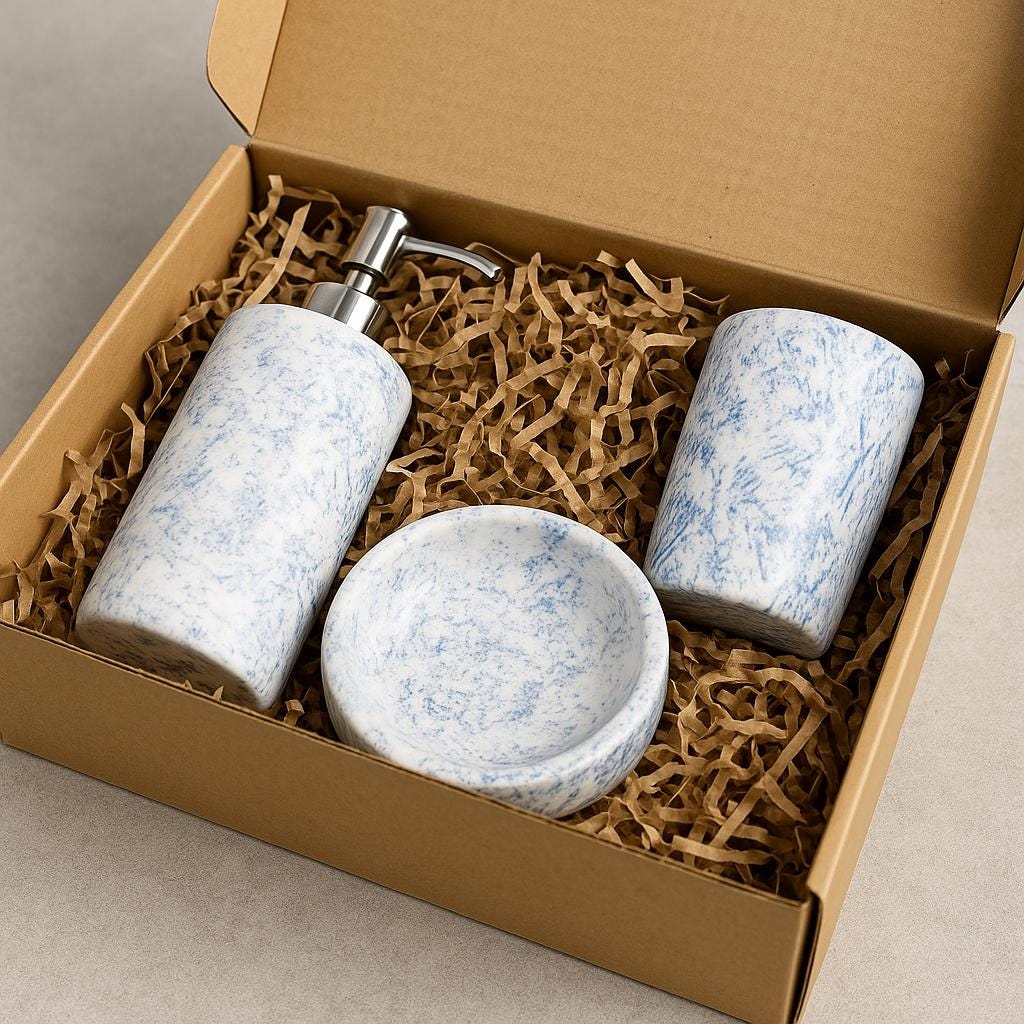 Blue Marble Bathroom Set: Ceramic Soap Dispenser, Toothbrush Holder & Tray