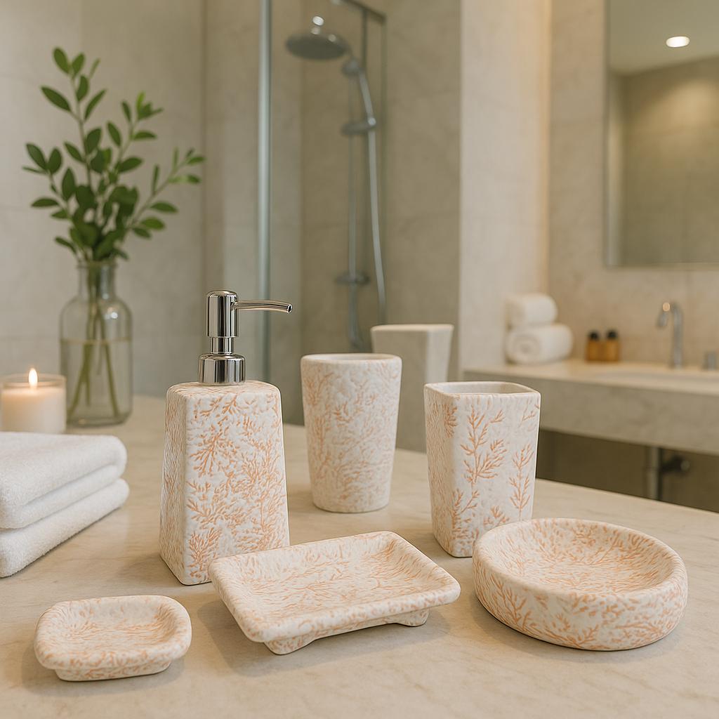 White & Coral Bathroom Set - 4 Piece Handmade