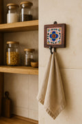 Handmade Wooden Wall Hook Rack  Floral Ceramic Tile Inlay