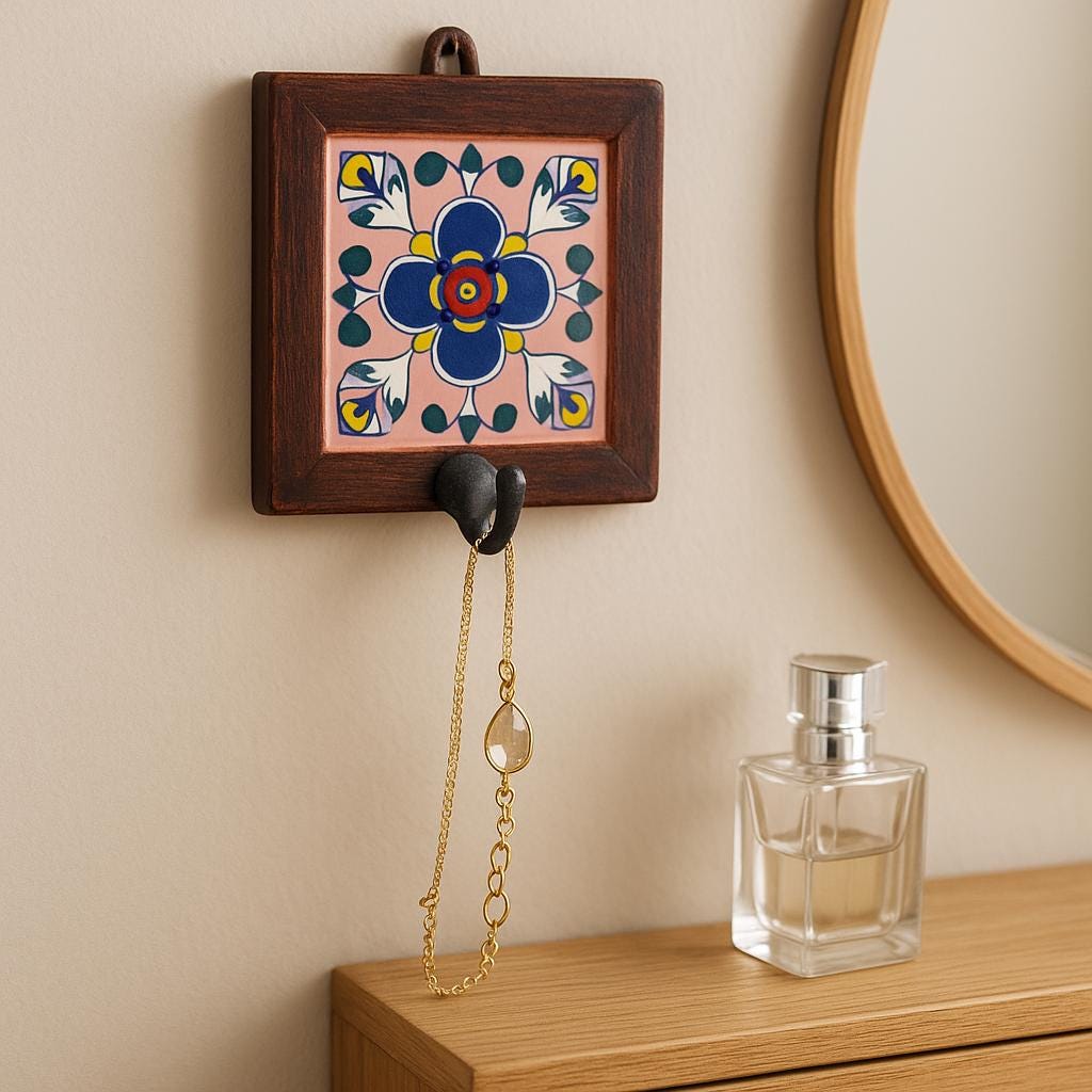 Handmade Wooden Wall Hook Rack  Floral Ceramic Tile Inlay