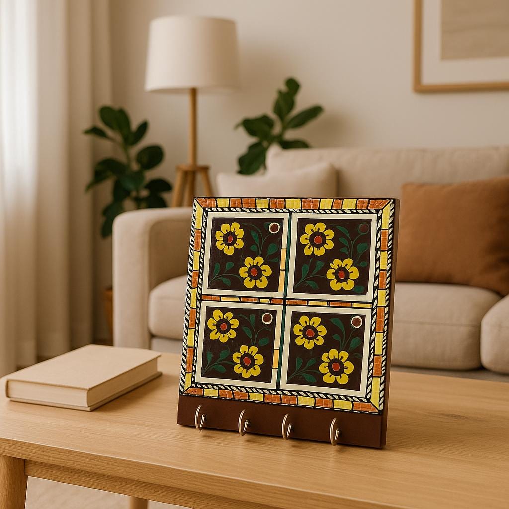 Key Holder Handcrafted Wooden with Ceramic Floral Tiles  Wall Mounted Entryway Organizer