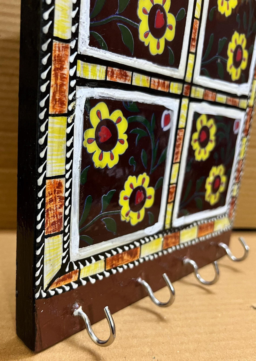Key Holder Handcrafted Wooden with Ceramic Floral Tiles  Wall Mounted Entryway Organizer
