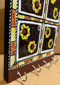 Key Holder Handcrafted Wooden with Ceramic Floral Tiles  Wall Mounted Entryway Organizer