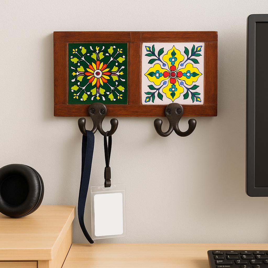 Wood Key Rack with Ceramic Tile - Entryway Organizer