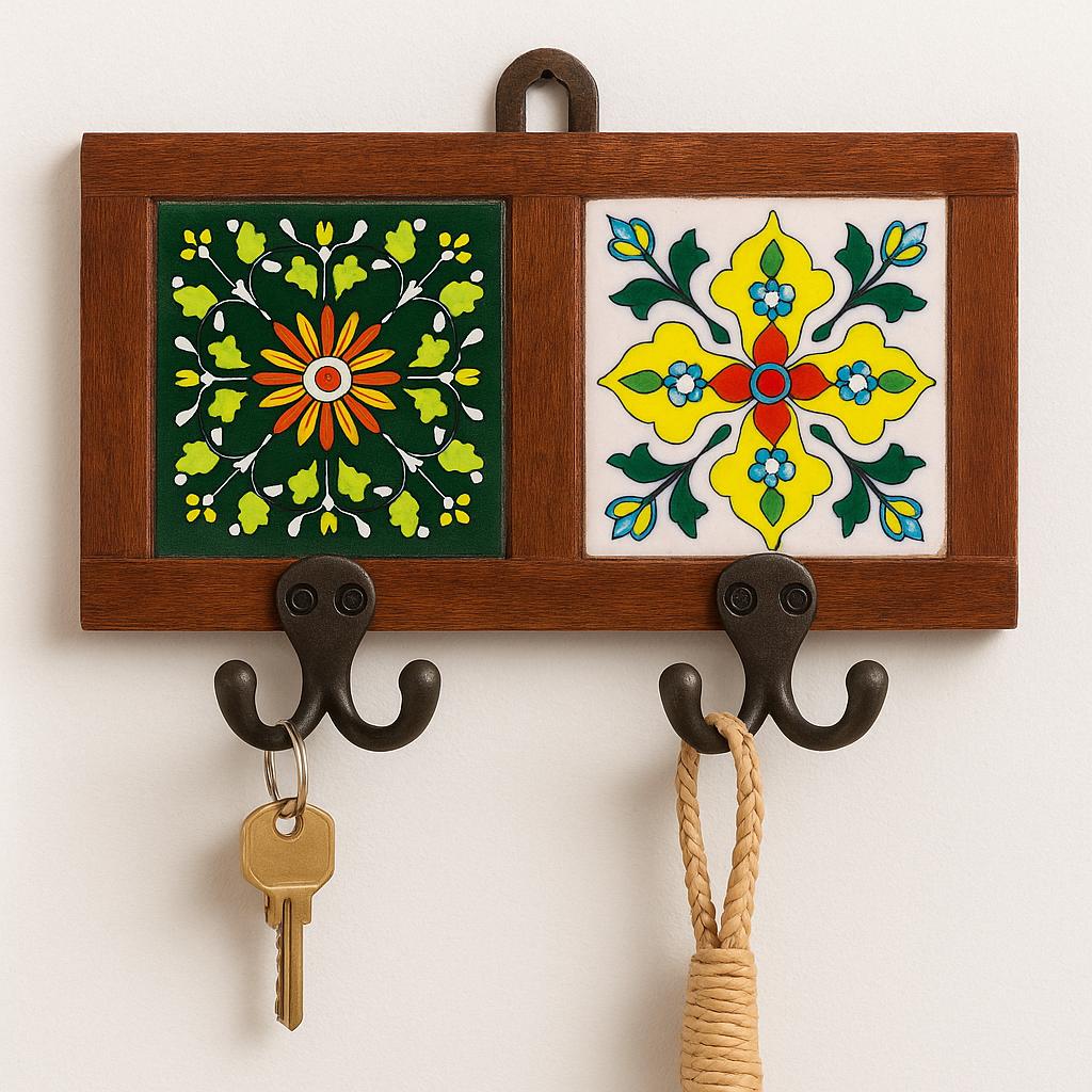 Wood Key Rack with Ceramic Tile - Entryway Organizer