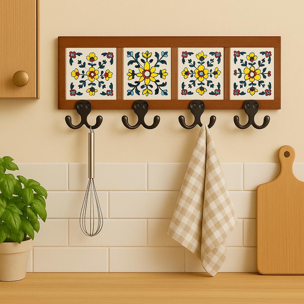 Wood Key Rack with Ceramic Tile - Entryway Organizer