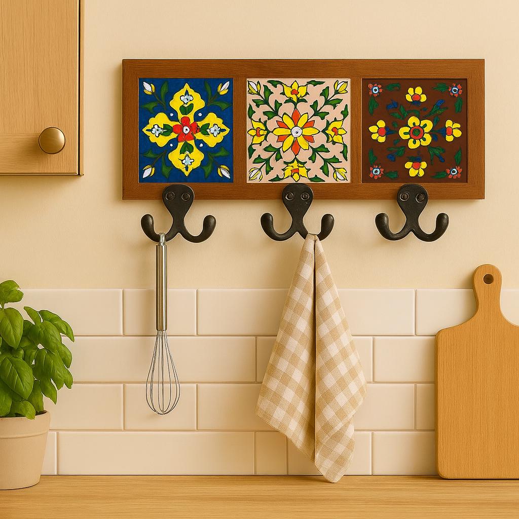 Wood Key Rack with Ceramic Tile - Entryway Organizer