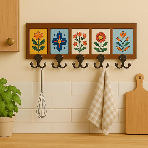 Ceramic Tile Key Rack - Espresso Brown Wood Wall Mount