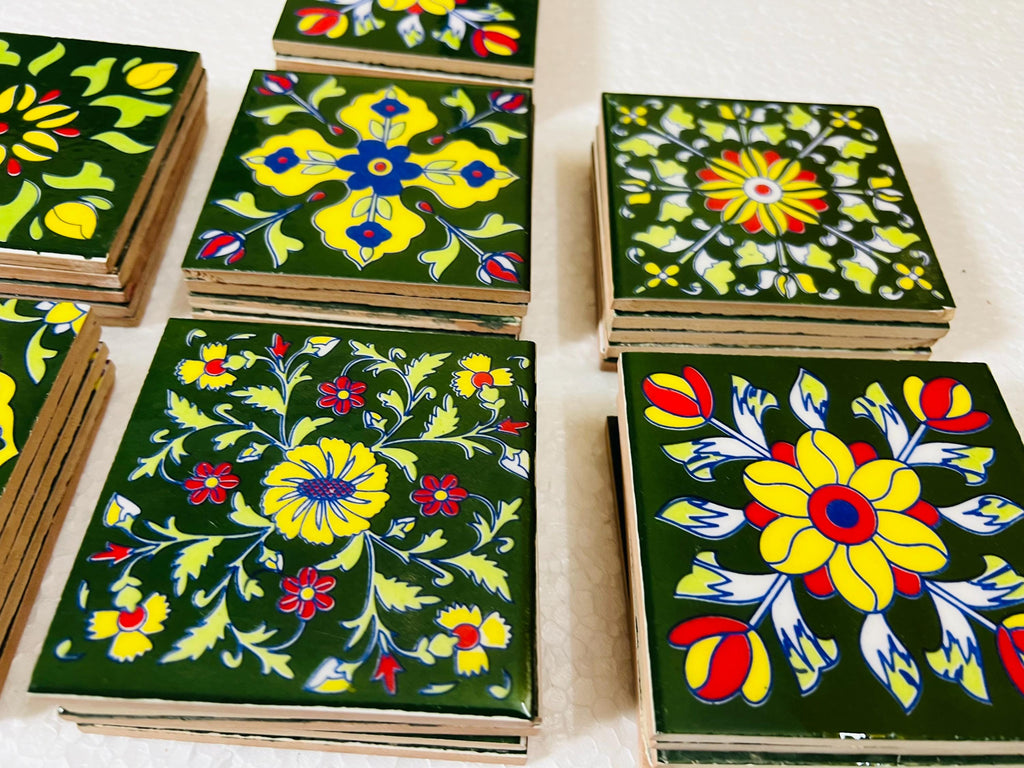 Green Floral Ceramic Tiles Set