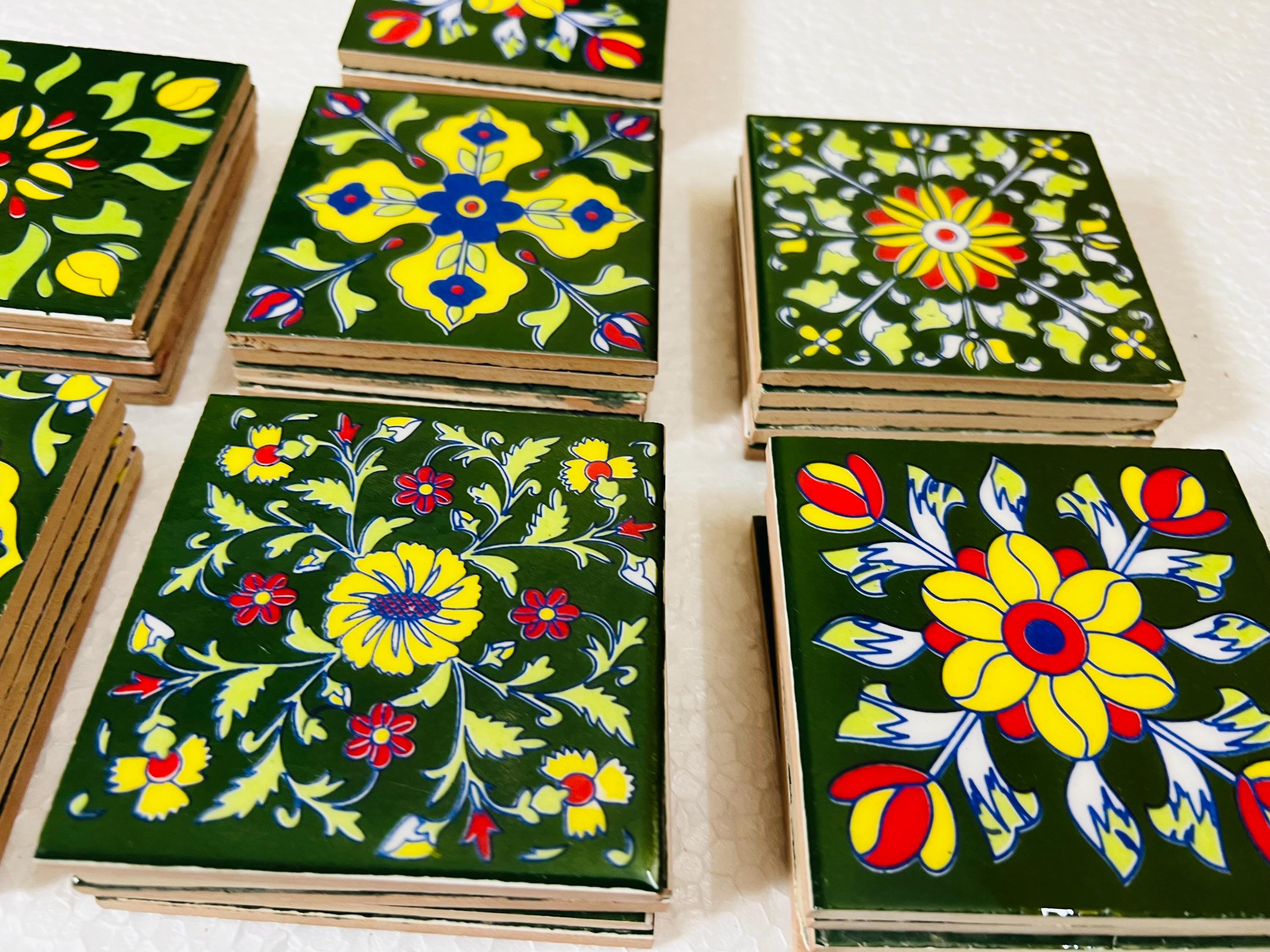 Green Floral Ceramic Tiles Set