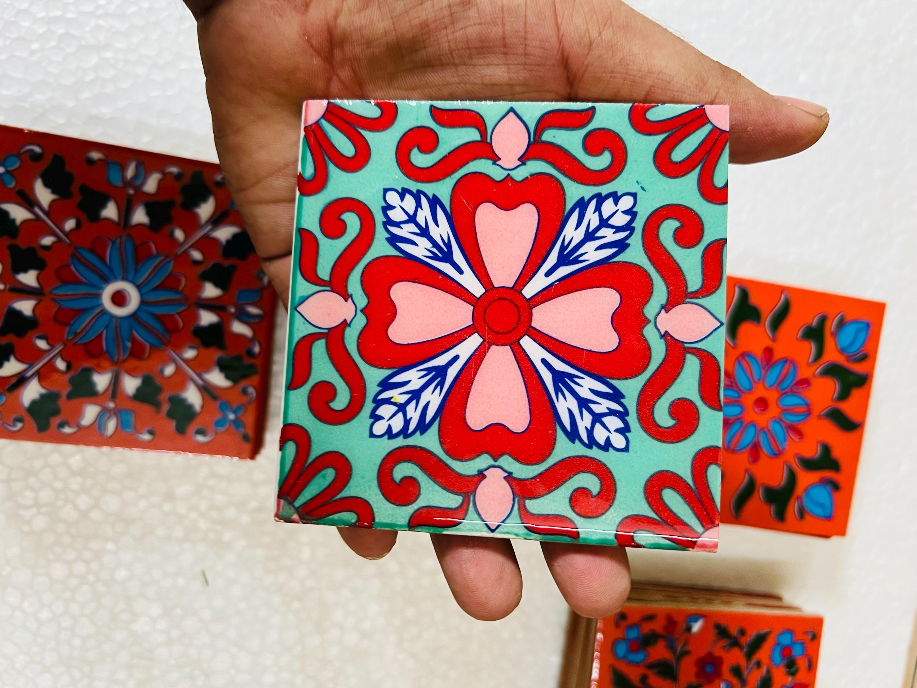 Red Floral Mosaic Tiles Set