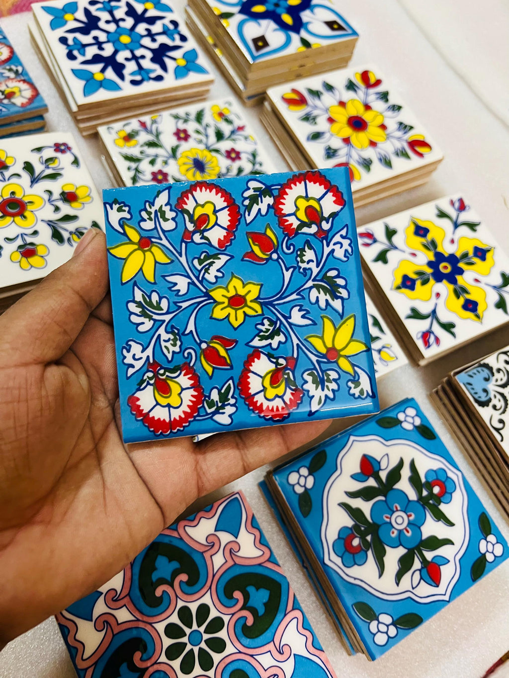 Hand Painted Floral Tiles Set