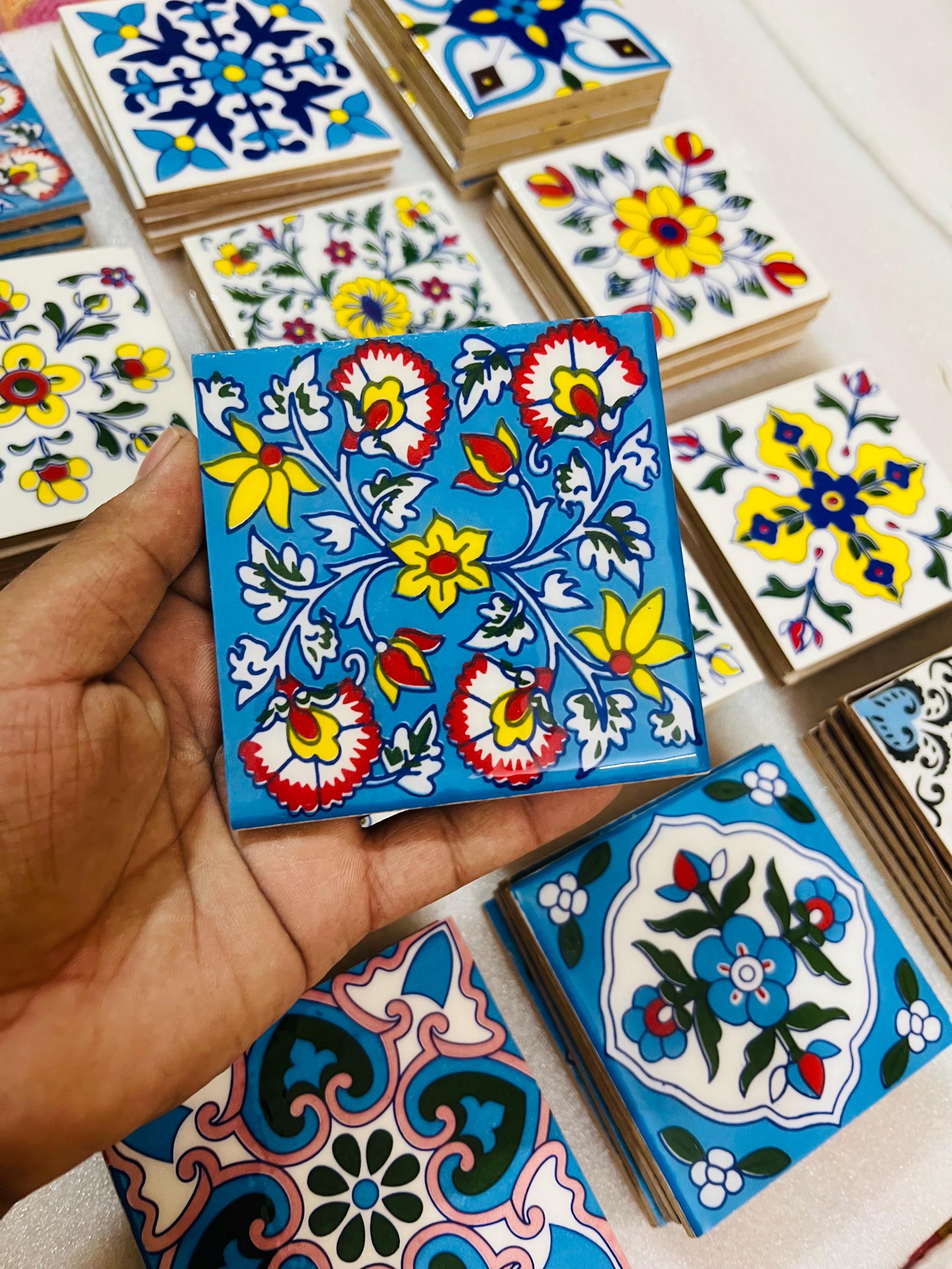Hand Painted Floral Tiles Set