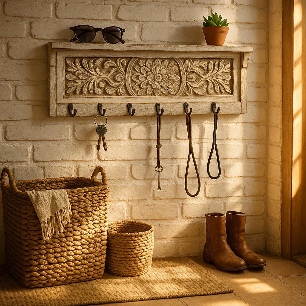 Wooden Wall Hook Rack - Floral Carving