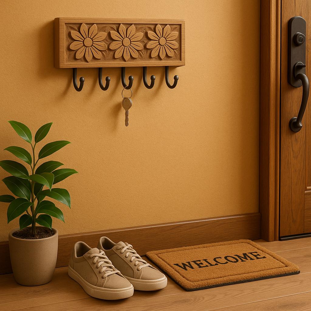 Floral Wooden Wall Hook Rack - Vintage Decor