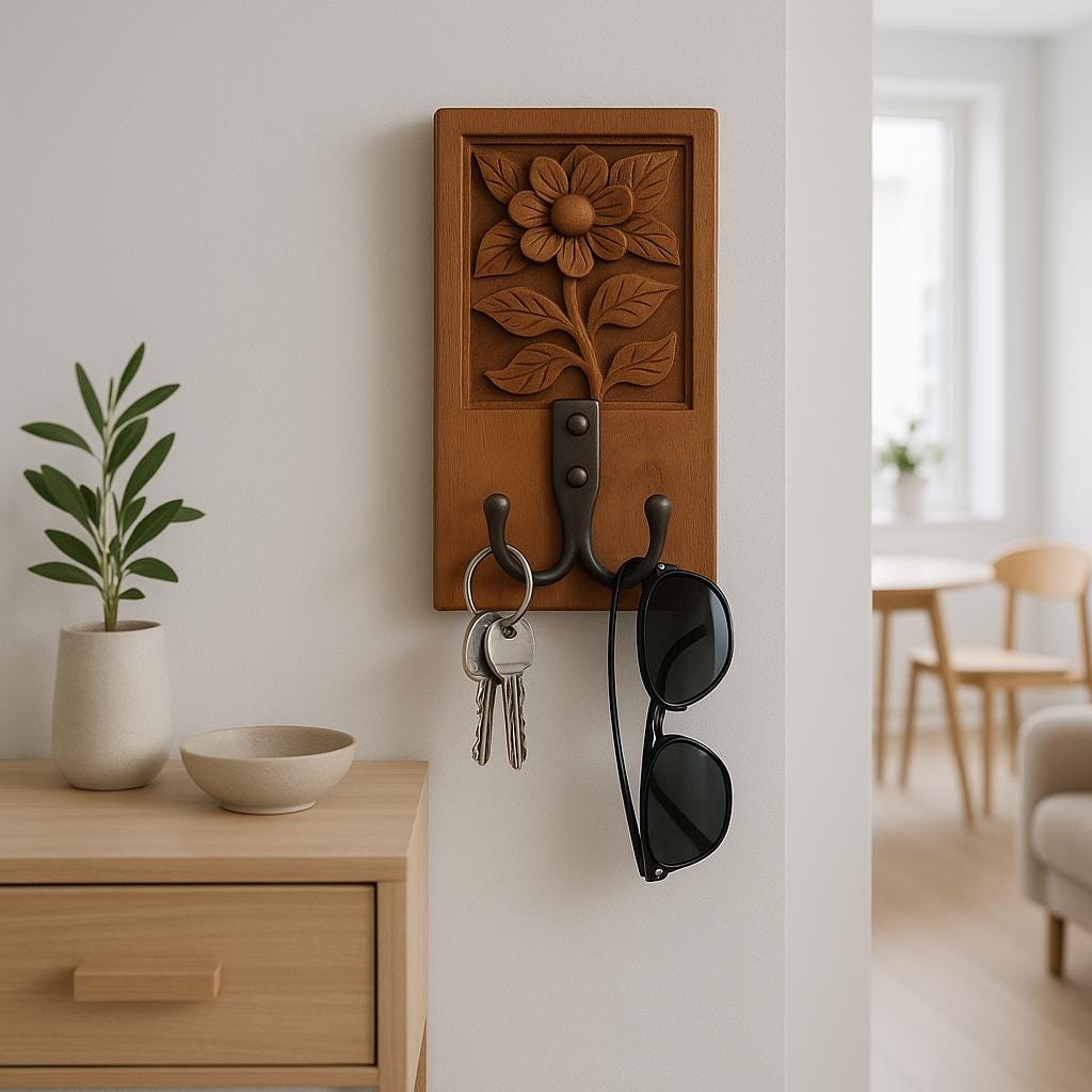 Hand-Carved Wooden Flower Wall Hook