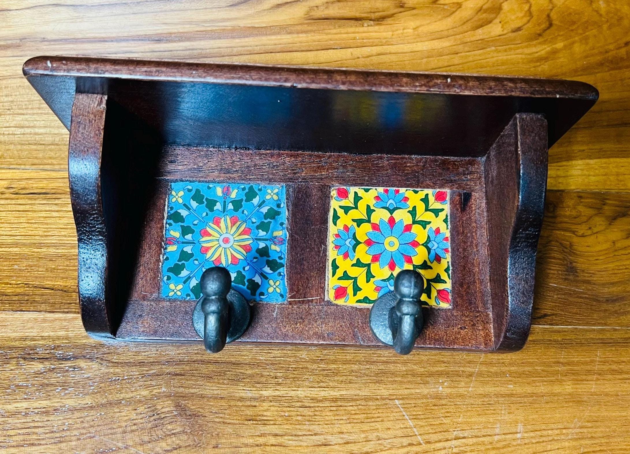 Solid Wood Key Holder - Hand-Painted Tiles