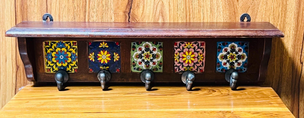 Solid Wood Key Holder - Hand-Painted Tiles