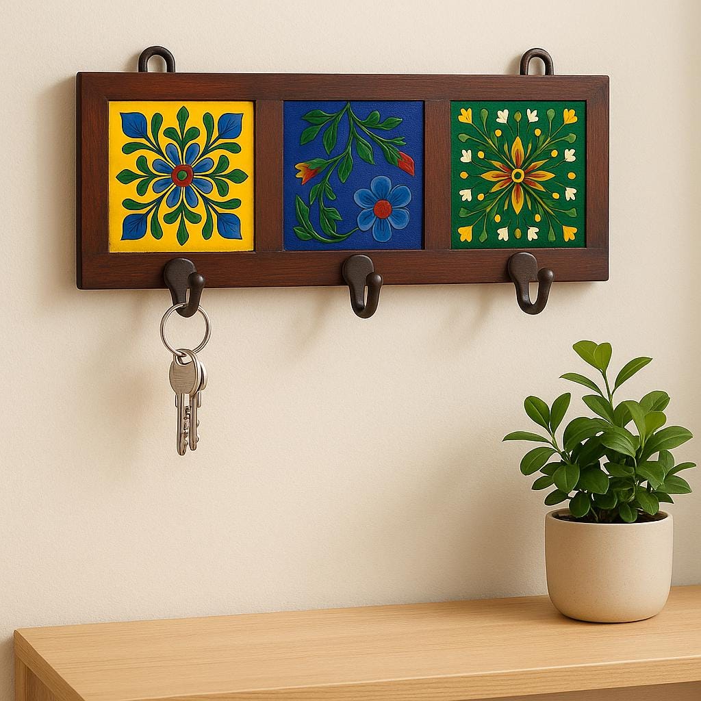 Floral Wall Hook Rack - 3 Hooks Wooden