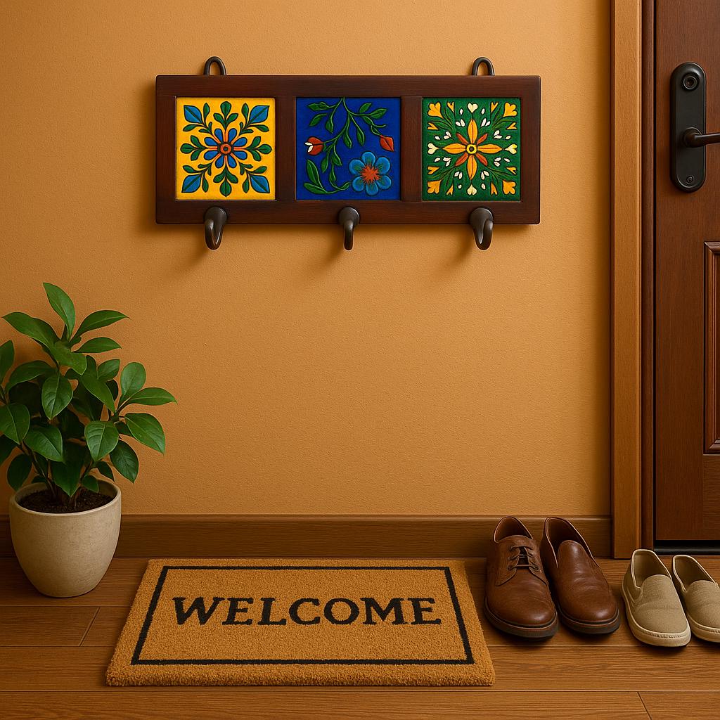 Floral Wall Hook Rack - 3 Hooks Wooden