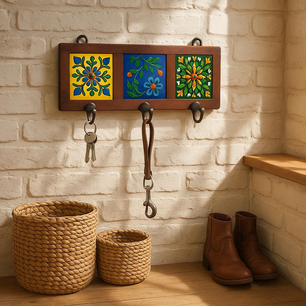 Floral Wall Hook Rack - 3 Hooks Wooden