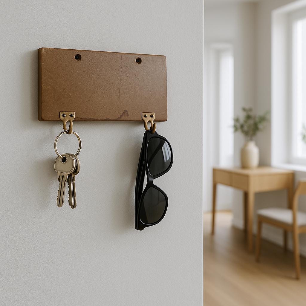Wooden Wall Key Holder - Brass Hooks Vintage