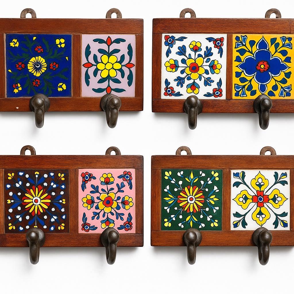 Handmade Wooden Wall Hook Rack  Floral Ceramic Tile Inlay