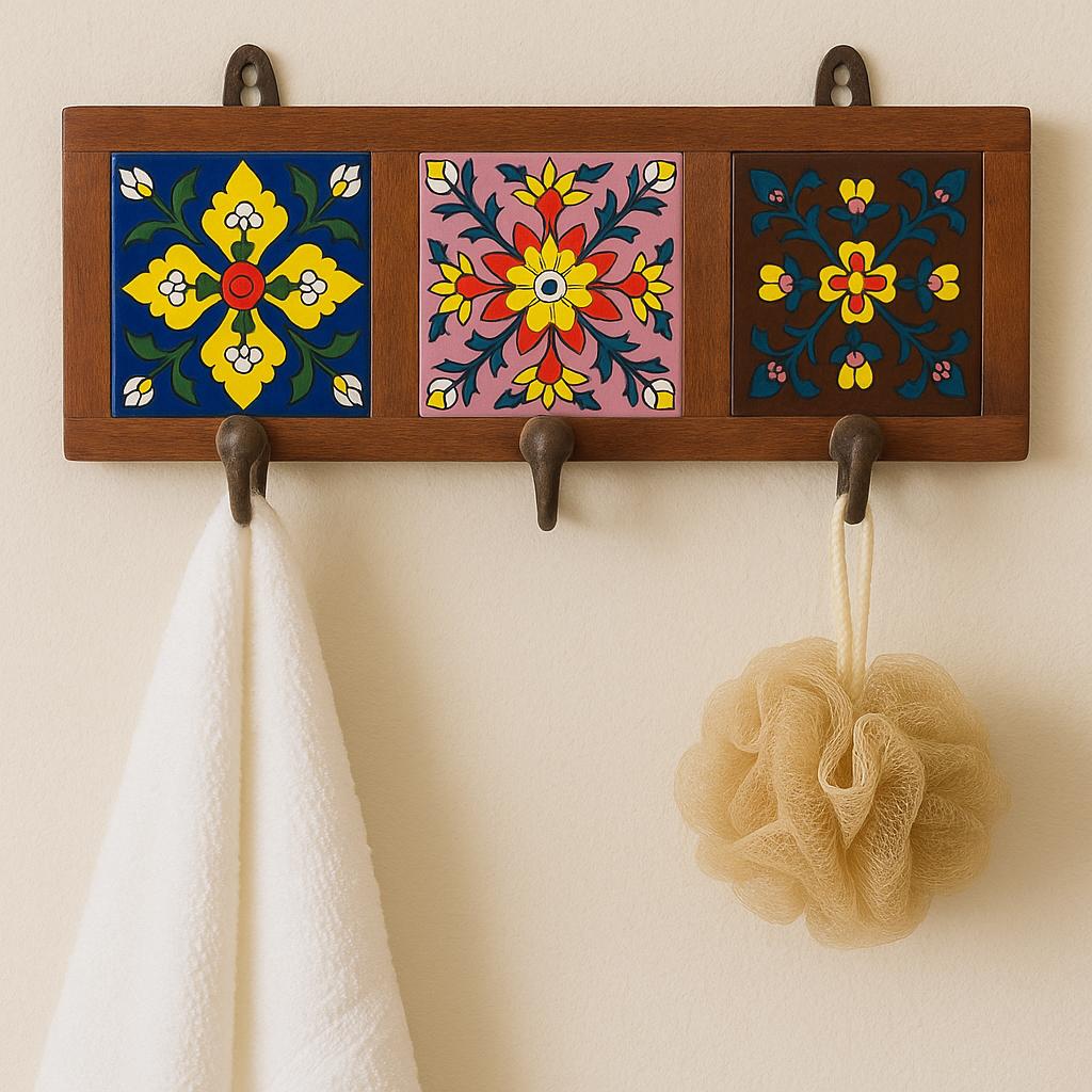 Handmade Wooden Wall Hook Rack  Floral Ceramic Tile Inlay