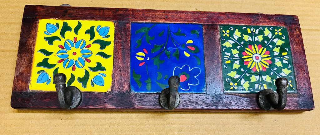 Handmade Wooden Wall Hook Rack  Floral Ceramic Tile Inlay