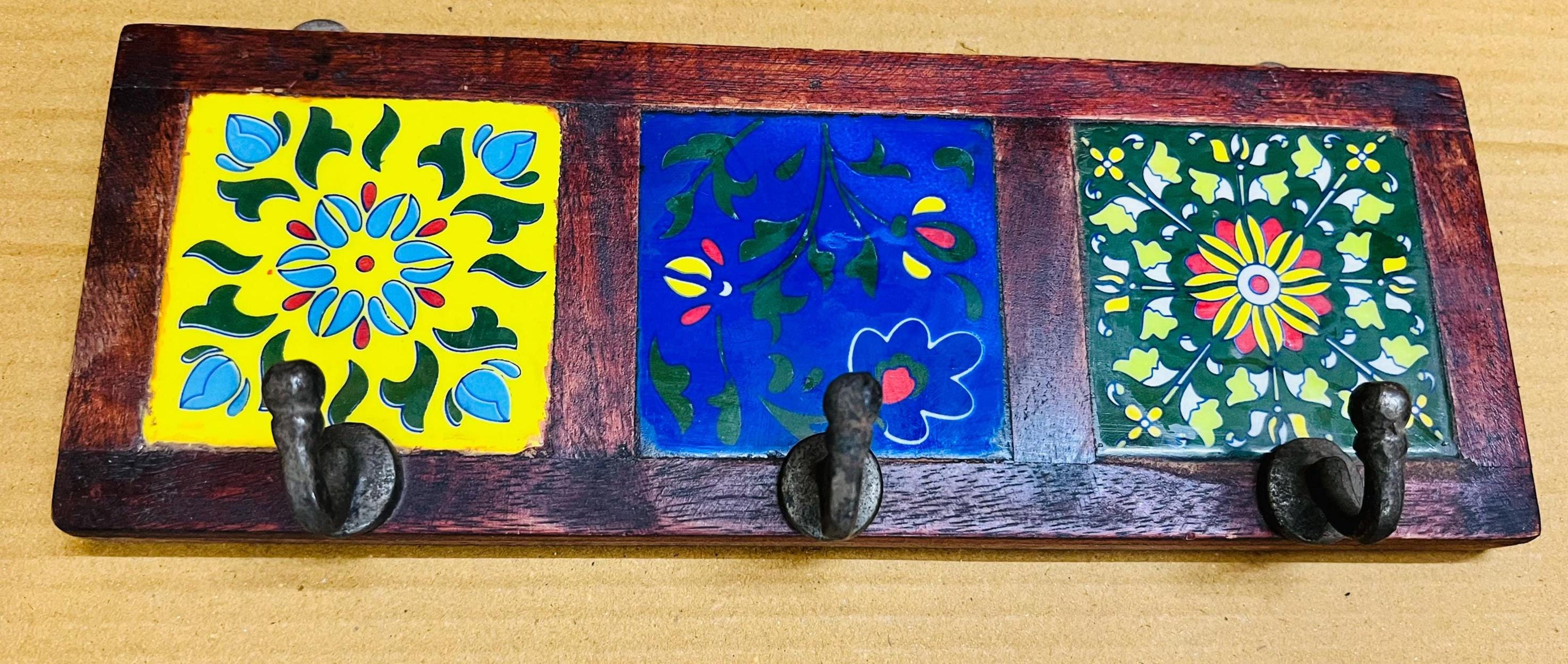 Handmade Wooden Wall Hook Rack  Floral Ceramic Tile Inlay