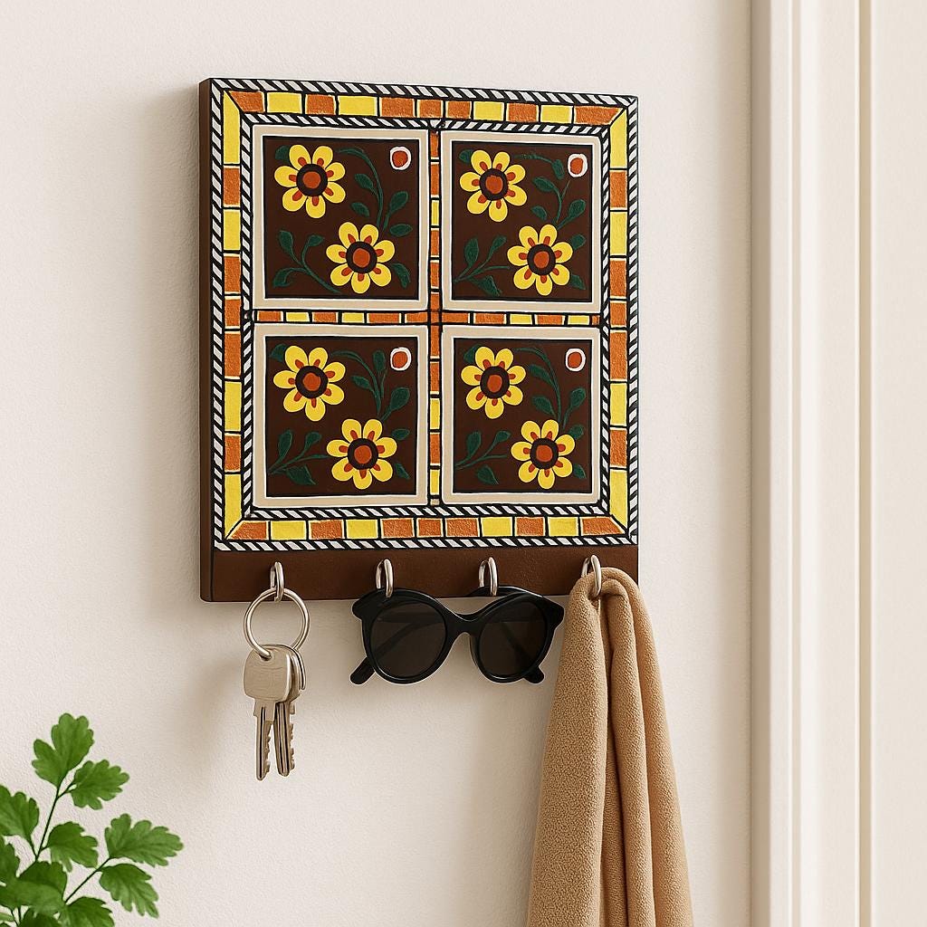 Key Holder Handcrafted Wooden with Ceramic Floral Tiles  Wall Mounted Entryway Organizer