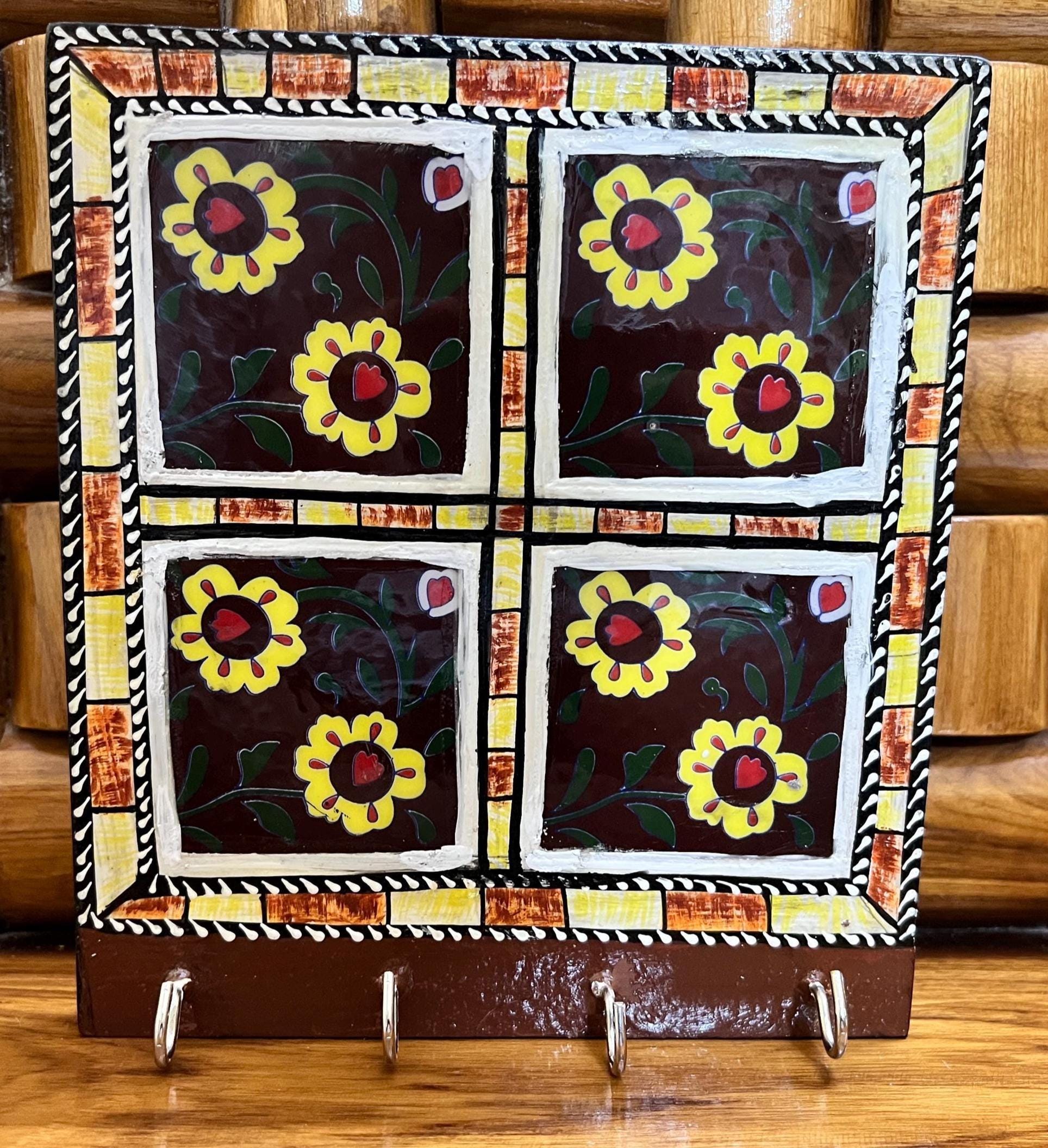 Key Holder Handcrafted Wooden with Ceramic Floral Tiles  Wall Mounted Entryway Organizer