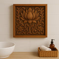 Teak Wood Lotus Carved Wall Panel  Rustic Bohemian Floral Art