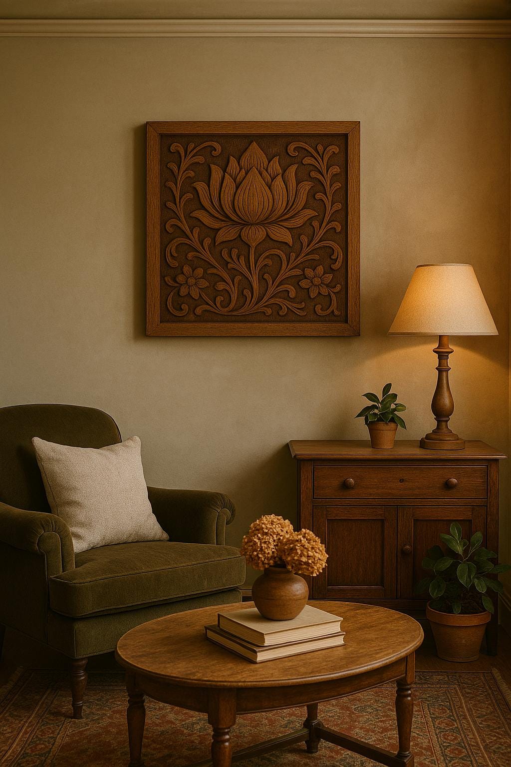 Teak Wood Lotus Carved Wall Panel  Rustic Bohemian Floral Art