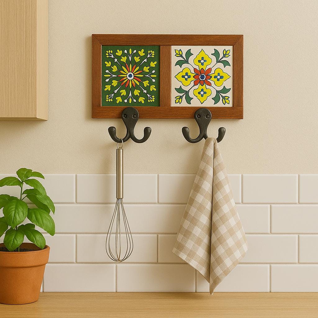 Wood Key Rack with Ceramic Tile - Entryway Organizer