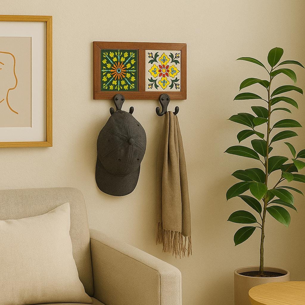 Wood Key Rack with Ceramic Tile - Entryway Organizer