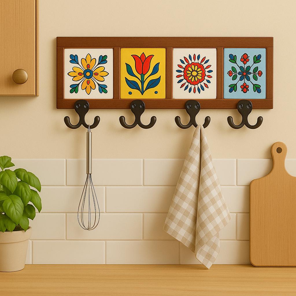 Wood Key Rack with Ceramic Tile - Entryway Organizer