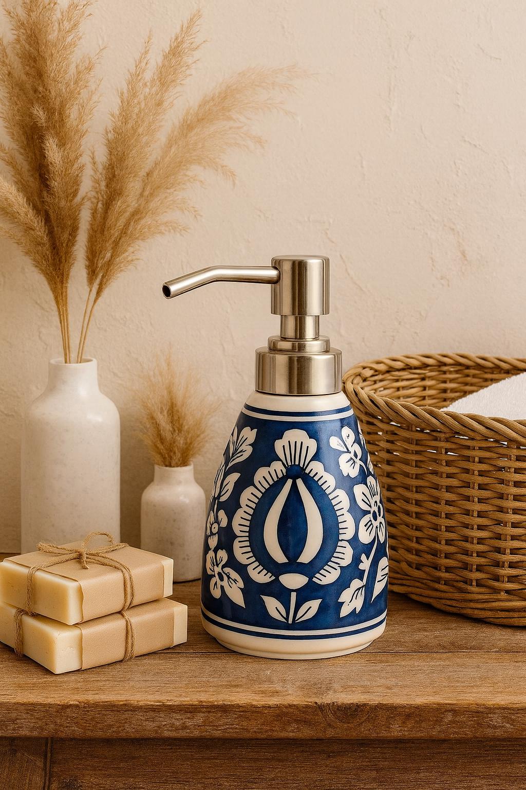 Blue Floral Ceramic Soap Dispenser - Handcrafted Bathroom