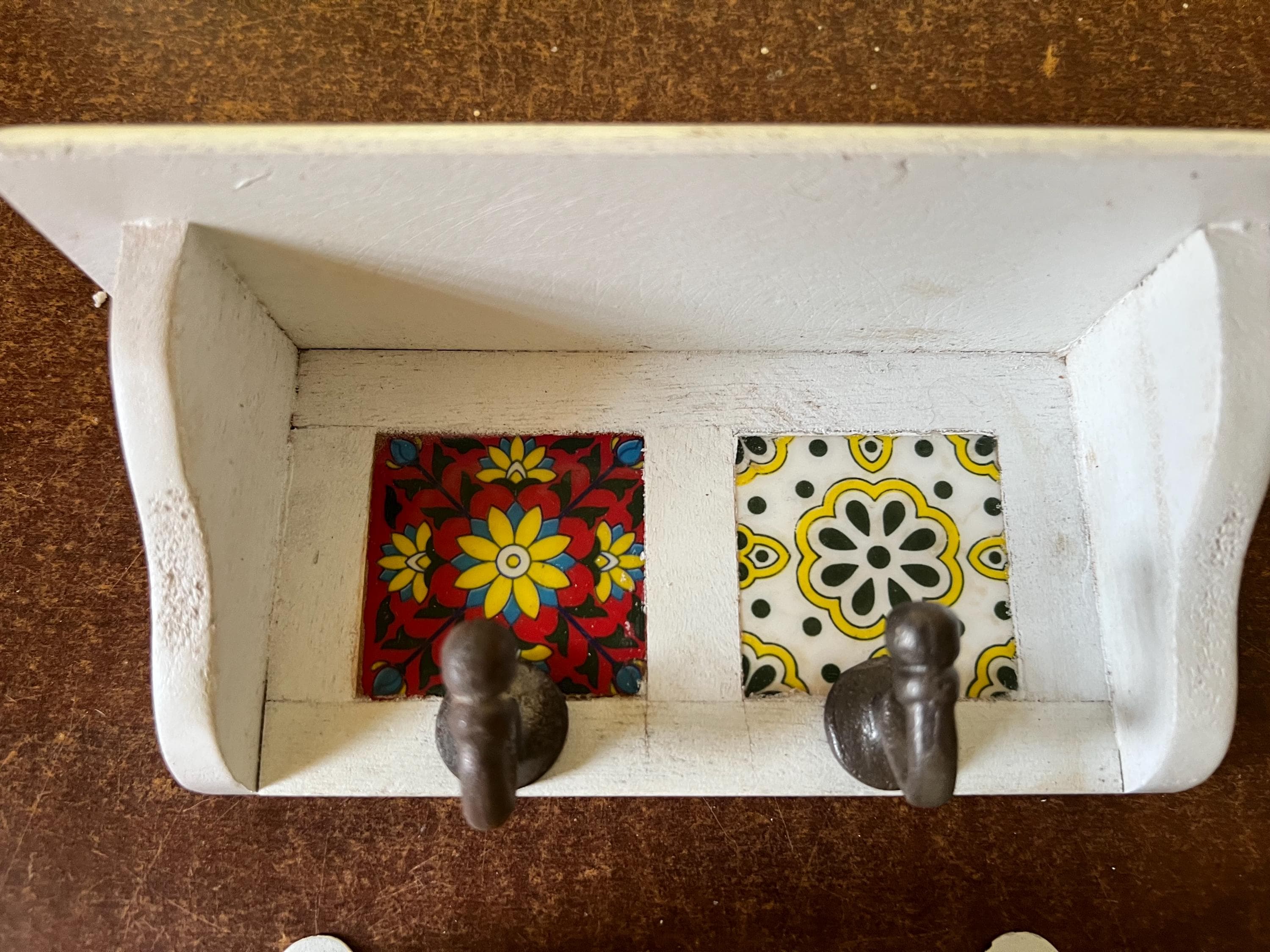 Rustic Handmade Wooden Wall Shelf with Ceramic Tiles & Strong Hooks  Rustic Key Holder, Jewelry, Towel, and Accessory Organizer