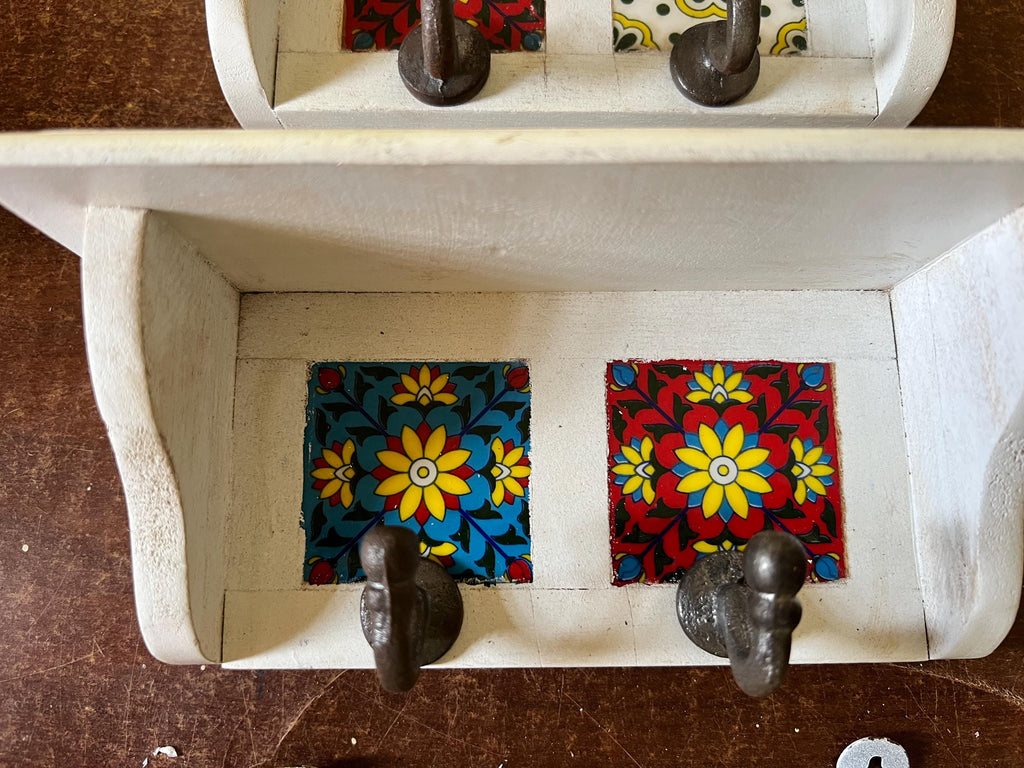 Rustic Handmade Wooden Wall Shelf with Ceramic Tiles & Strong Hooks  Rustic Key Holder, Jewelry, Towel, and Accessory Organizer