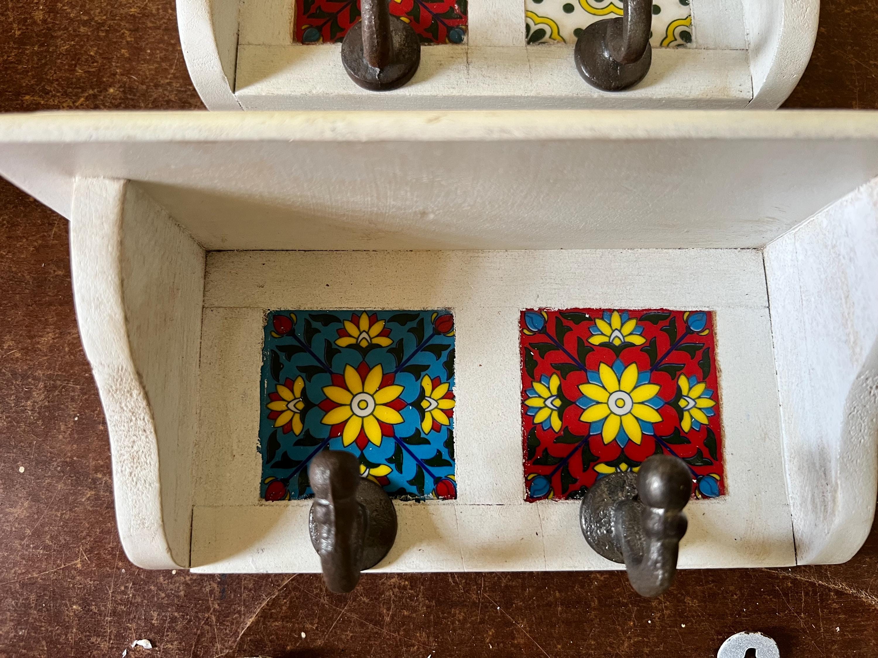 Rustic Handmade Wooden Wall Shelf with Ceramic Tiles & Strong Hooks  Rustic Key Holder, Jewelry, Towel, and Accessory Organizer