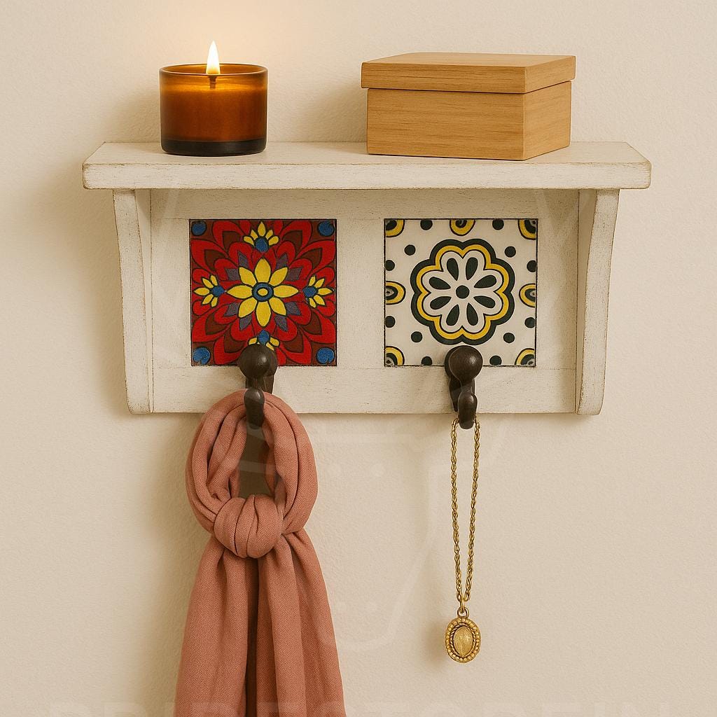 Rustic Handmade Wooden Wall Shelf with Ceramic Tiles & Strong Hooks  Rustic Key Holder, Jewelry, Towel, and Accessory Organizer